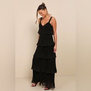 Lulus Elegant Nature Black Pleated Sleeveless Tiered Maxi Dress